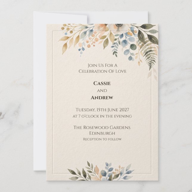 Blue Green Botanical Wedding Invitation (Front)