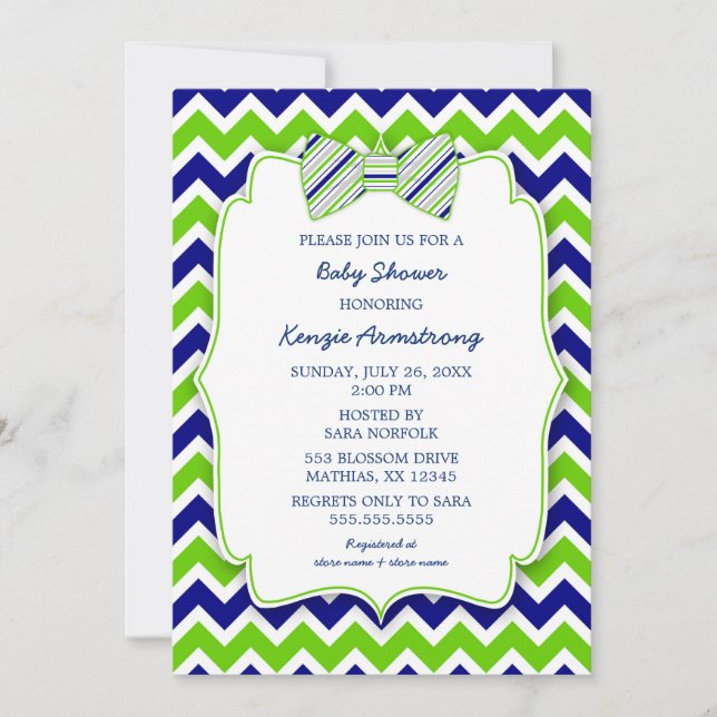 Blue Green Bow tie BOY baby shower invites (Front)