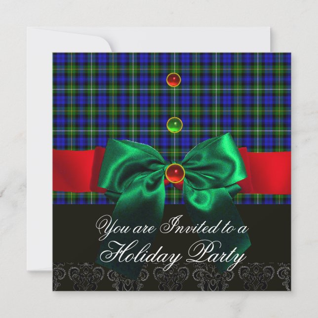 BLUE GREEN BOWS ,COTTISH TARTAN CHRISTMAS PARTY INVITATION (Front)