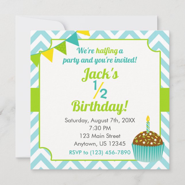 Blue Green Boy Half Birthday Photo Invitation (Front)