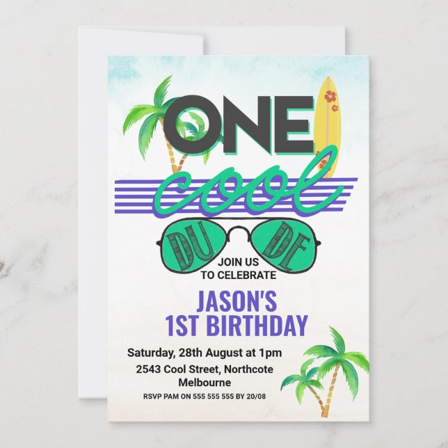 Blue Green Boys Cool Dude 1st Birthday Invitation (Front)