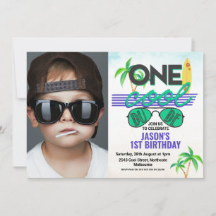Blue Green Boys Cool Dude Photo 1st Birthday Invitation