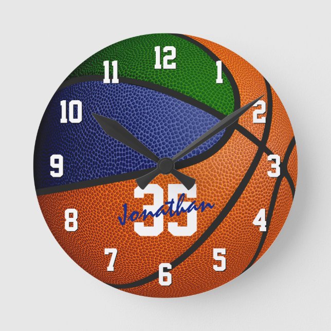 blue green boys girls basketball personalised round clock (Front)
