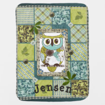 Blue & Green Boys Owl Name Baby Blanket