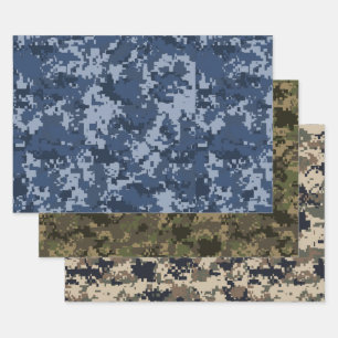 Blue, Green & Brown Pixel Camo Camouflage Wrapping Paper Sheet