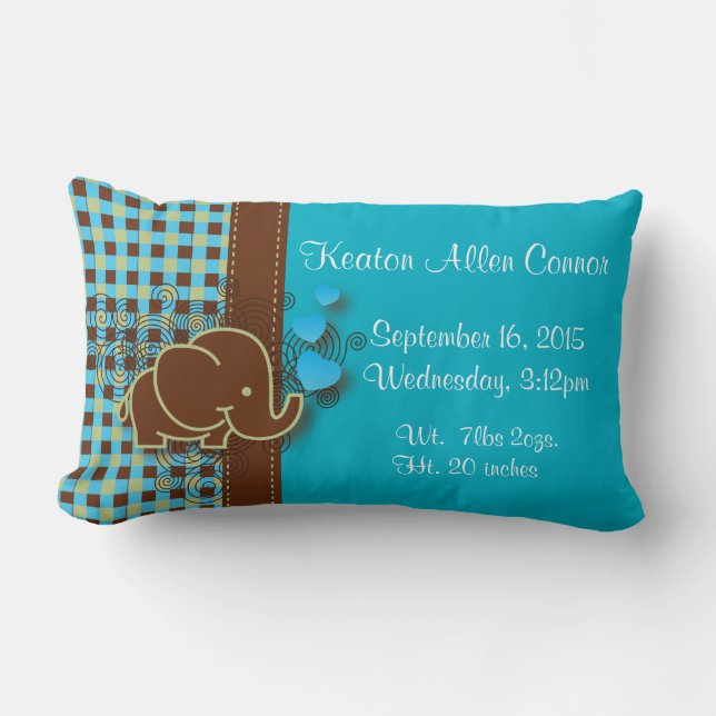 Blue, Green & Brown Plaid Baby Elephant Lumbar Cushion (Front)
