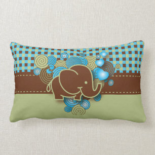 Blue, Green & Brown Plaid Baby Elephant Lumbar Cushion