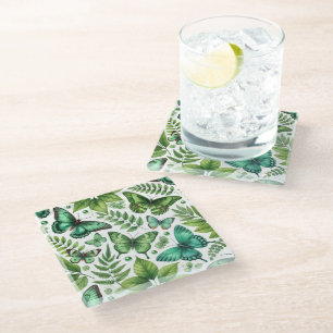 Blue-Green Butterflies Glass Coaster