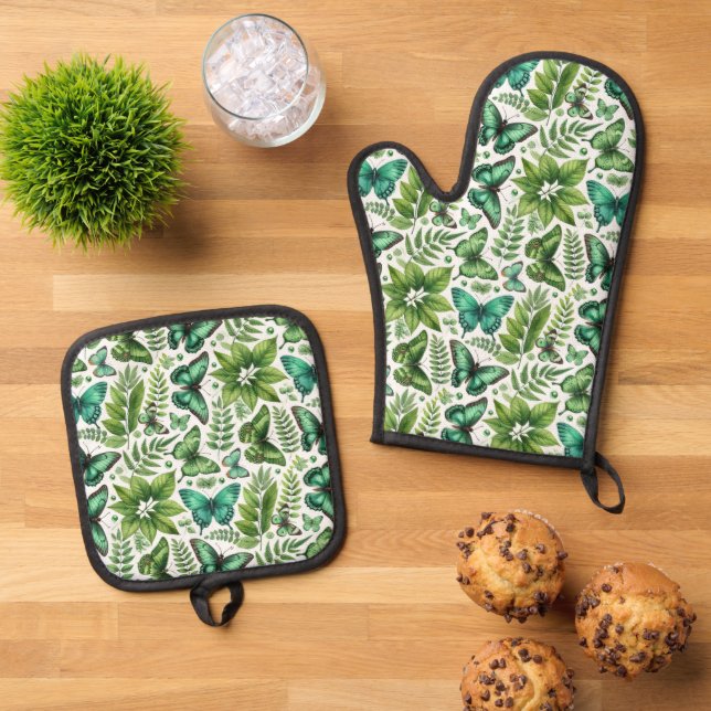 Blue-Green Butterflies Oven Mitt & Pot Holder Set (Top Down)