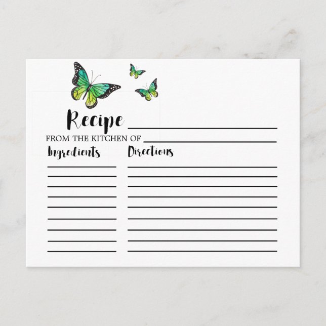 Blue & Green Butterfly Bridal Shower Recipe Cards (Front)