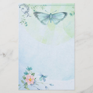 Blue Green Butterfly Flower Pretty Stationary Stationery