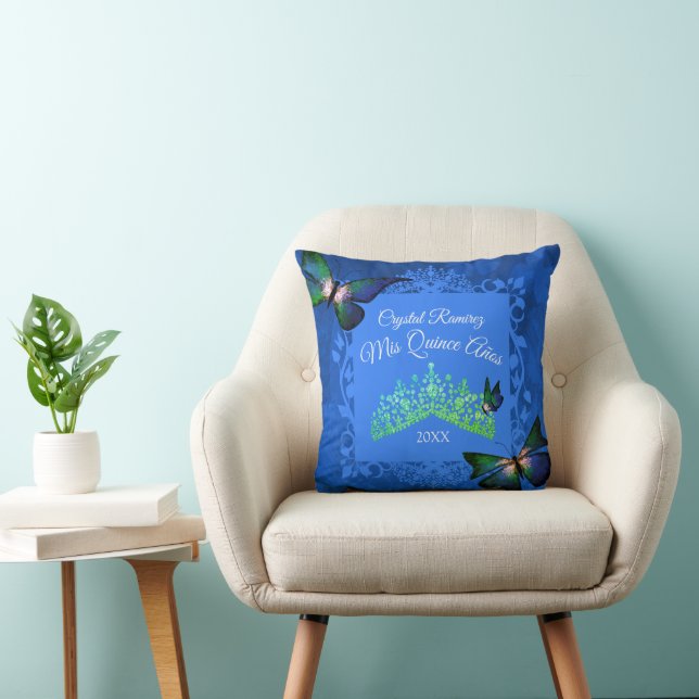 Blue, Green Butterfly Tiara Quinceanera Pillow (Chair)