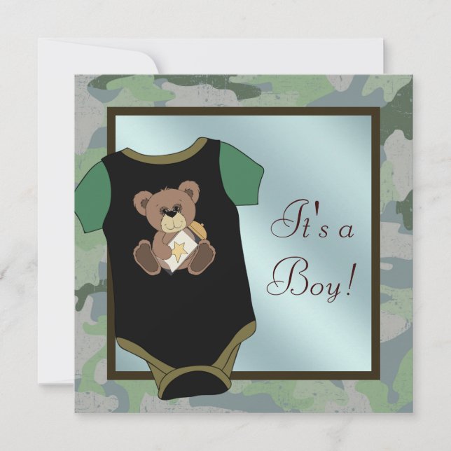 Blue Green Camouflage Baby Boy Shower Invitations (Front)