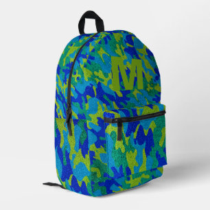 Blue Green Camouflage Glitter Outdoorsy Monogram Printed Backpack