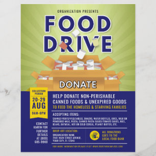 Blue Green Canned Food Drive Fundraiser Flyer