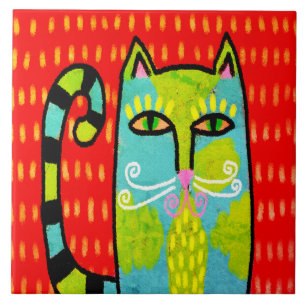 Blue Green Cat Abstract Digital Painting Tile