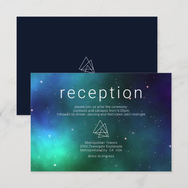 Blue Green Celestial Galaxy Modern Wedding Details Enclosure Card (Front/Back)