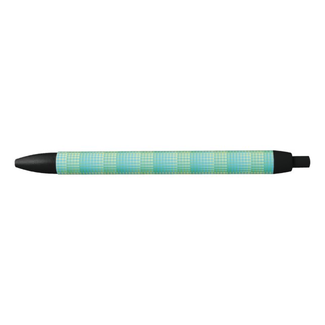 Blue Green Chequered Abstract Pattern Black Ink Pen (Front)