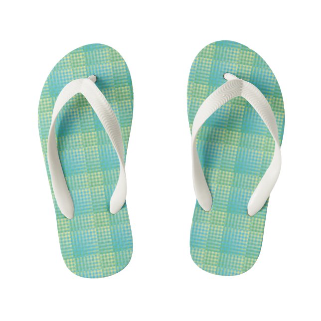 Blue Green Chequered Abstract Pattern Kid's Flip Flops (Footbed)