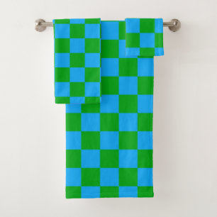 Blue Green Chequered Check Pattern Bath Towel Set