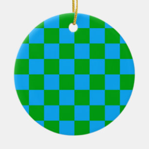 Blue Green Chequered Check Pattern Ceramic Tree Decoration