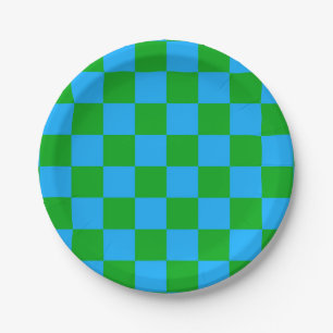 Blue Green Chequered Check Pattern Paper Plate