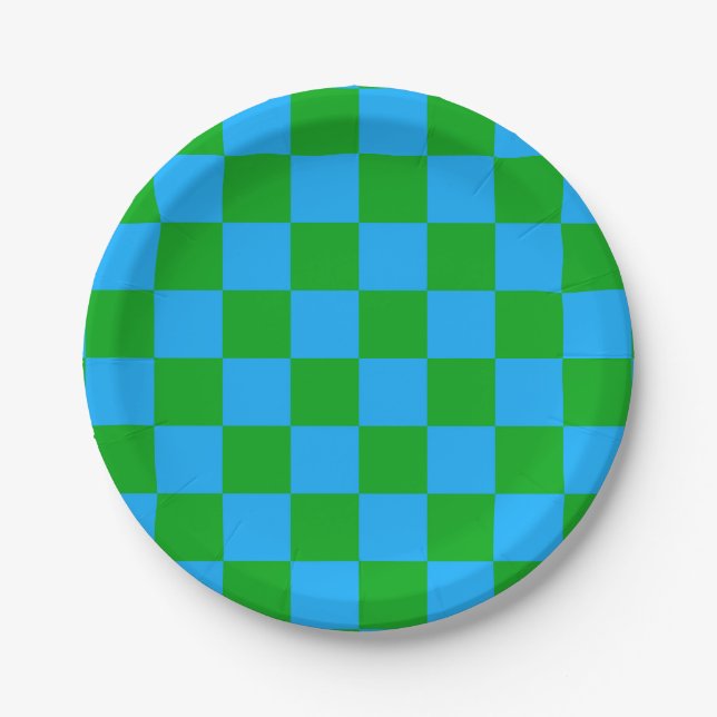 Blue Green Chequered Check Pattern Paper Plate (Front)