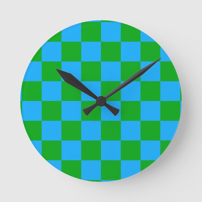 Blue Green Chequered Check Pattern Round Clock (Front)