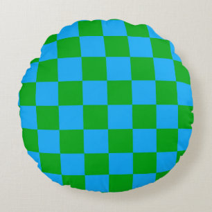 Blue Green Chequered Check Pattern Round Cushion