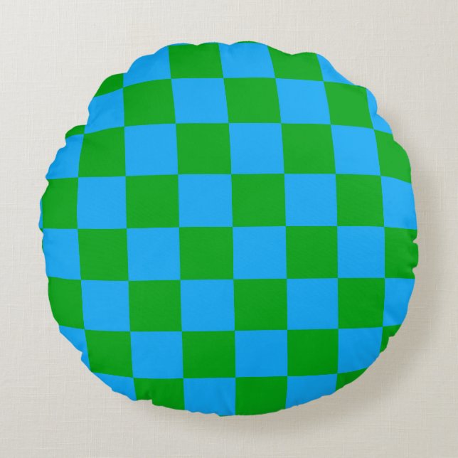 Blue Green Chequered Check Pattern Round Cushion (Front)