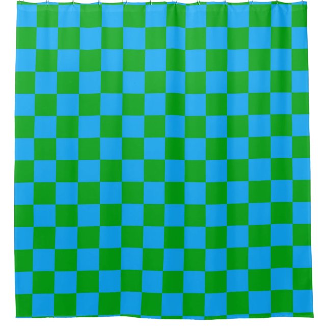 Blue Green Chequered Check Pattern Shower Curtain (Front)