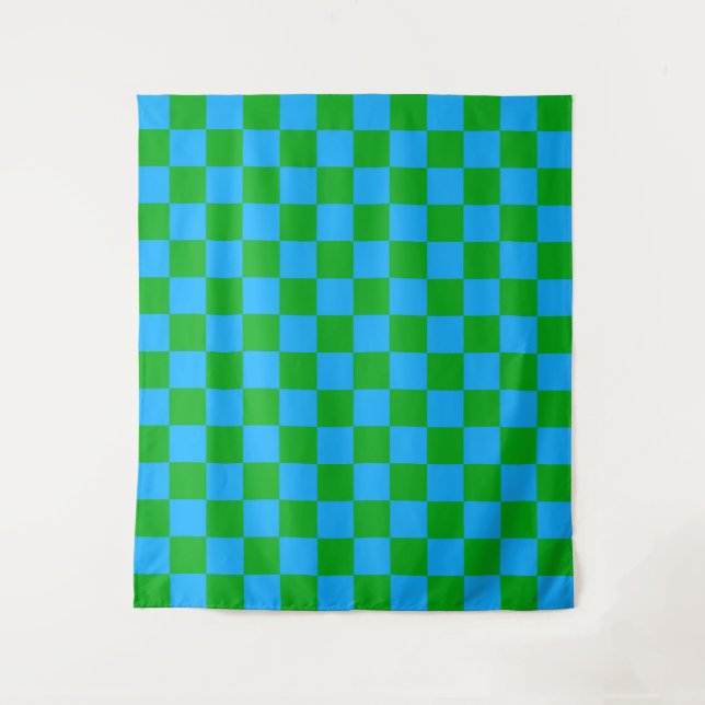Blue Green Chequered Check Pattern Tapestry (Front)