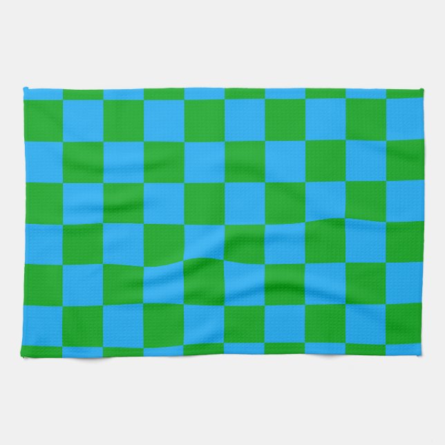 Blue Green Chequered Check Pattern Tea Towel (Horizontal)