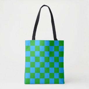 Blue Green Chequered Check Pattern Tote Bag
