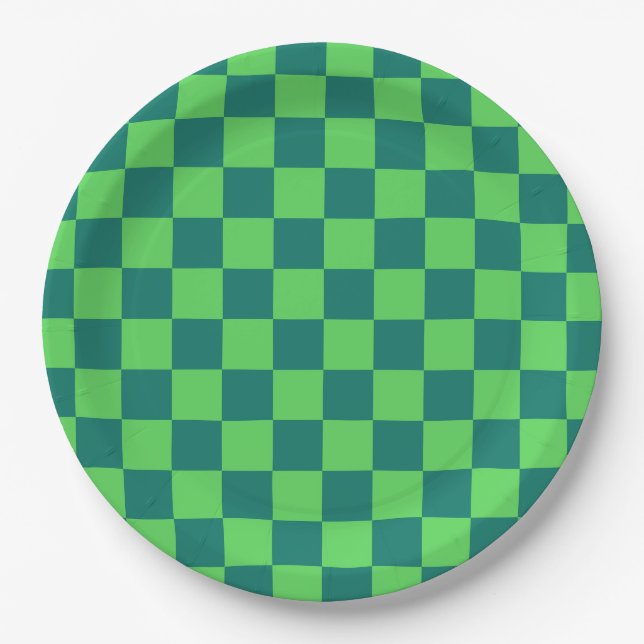 Blue Green Chequered Classic Retro Check Pattern  Paper Plate (Front)