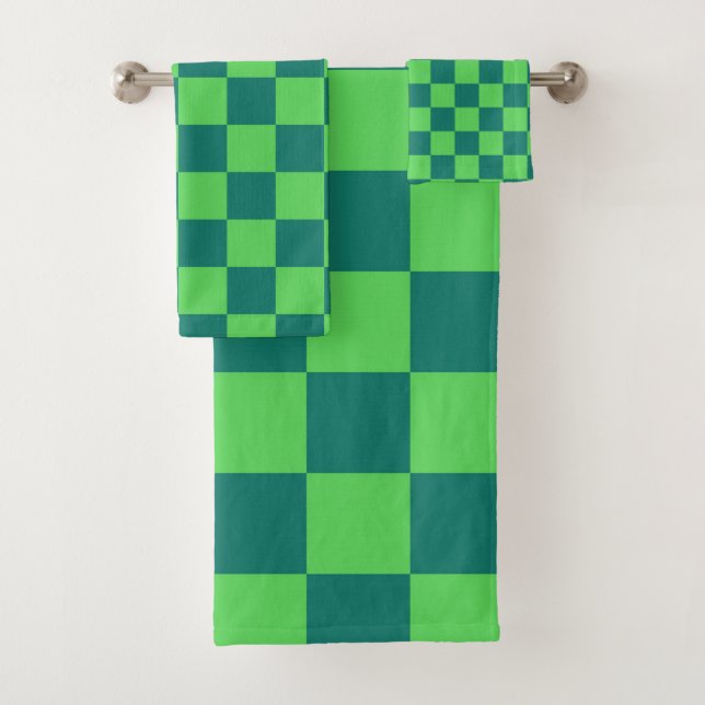 Blue Green Chequered Gingham Pattern Bath Towel Set (Insitu)