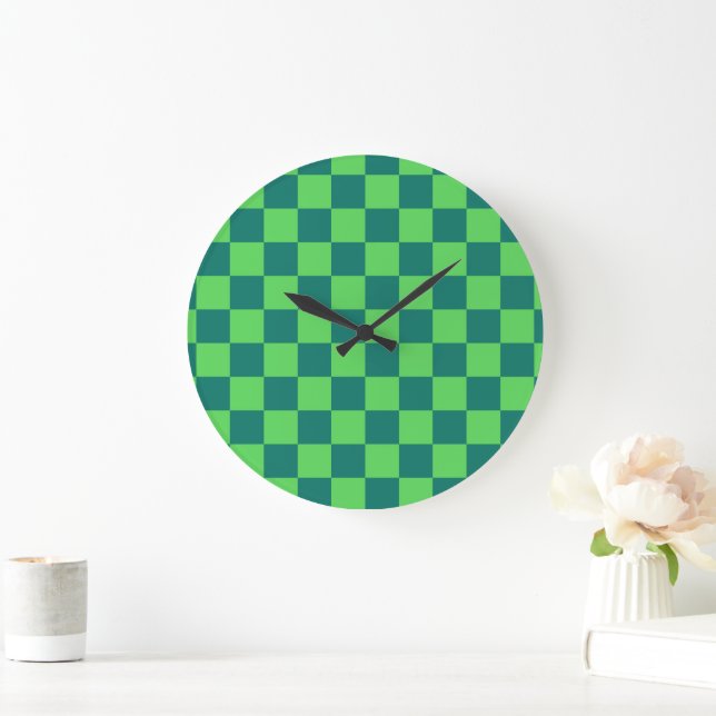 Blue Green Chequered Gingham Pattern Large Clock (Home)