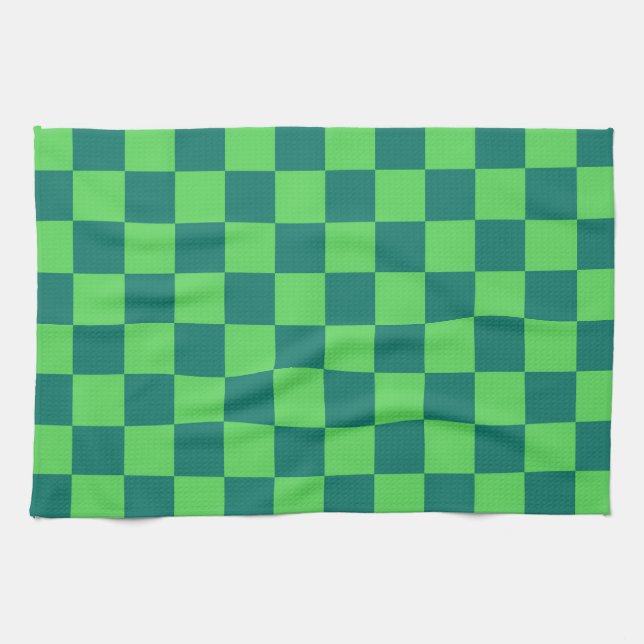 Blue Green Chequered Gingham Pattern Tea Towel (Horizontal)