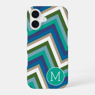 Blue Green Chevron Pattern Simple Monogram iPhone 16 Case