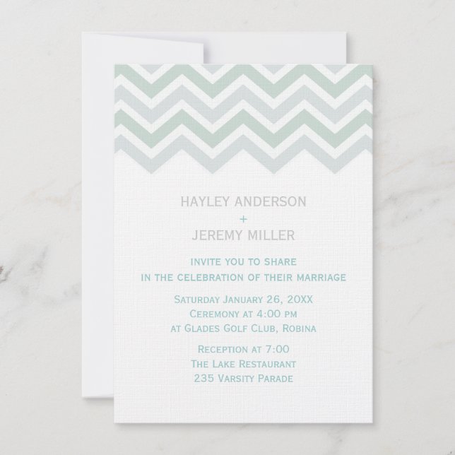 Blue & Green Chevron Wedding Invitation (Front)