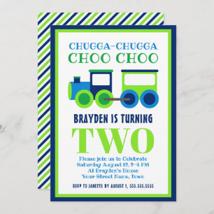 Blue Green Choo Choo Train 2nd Birthday Party Invitation