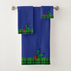 Blue Green Christmas Plaid and Holly Towel Set