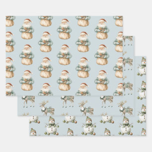 Blue Green Christmas Santa Deer Snowman Wrapping Paper Sheet