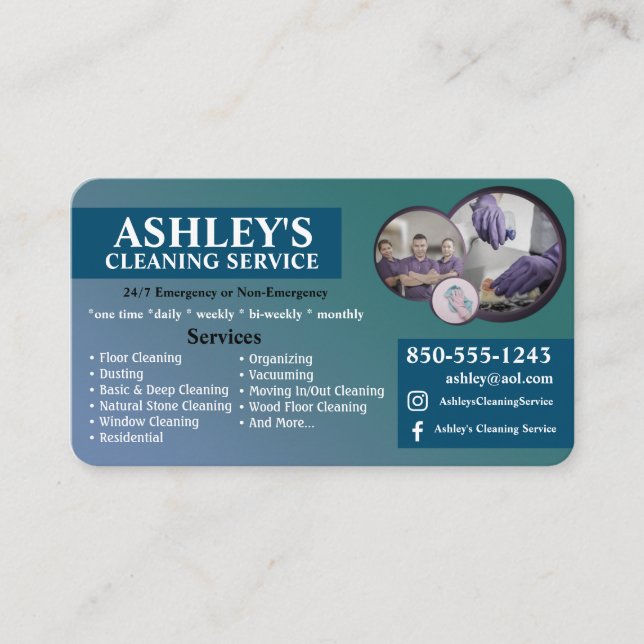 Blue Green Cleaning Service Business Card  (Front)