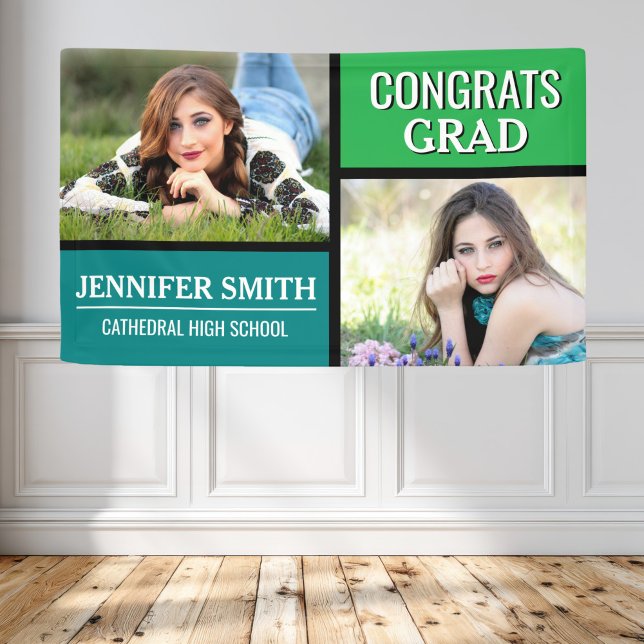 Blue Green Colour Block Photo Graduation Party Banner (Creator Uploaded)