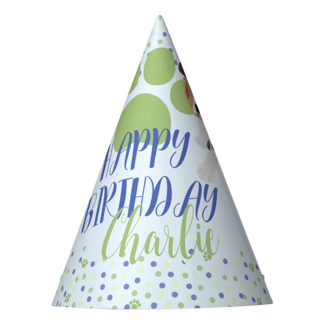Blue Green Colourful Cute Puppy Dog Named Party Ha Party Hat (Front)