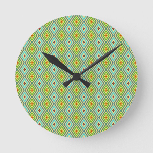 Blue Green Cool Tones Diamond Pattern  Round Clock (Front)