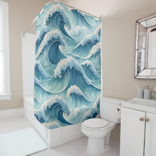 BLUE GREEN CRASHING OCEAN WAVES SHOWER CURTAIN