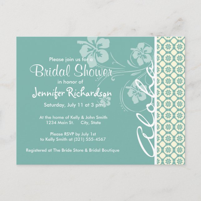 Blue-Green & Cream Floral; Aloha Invitation Postcard (Front)