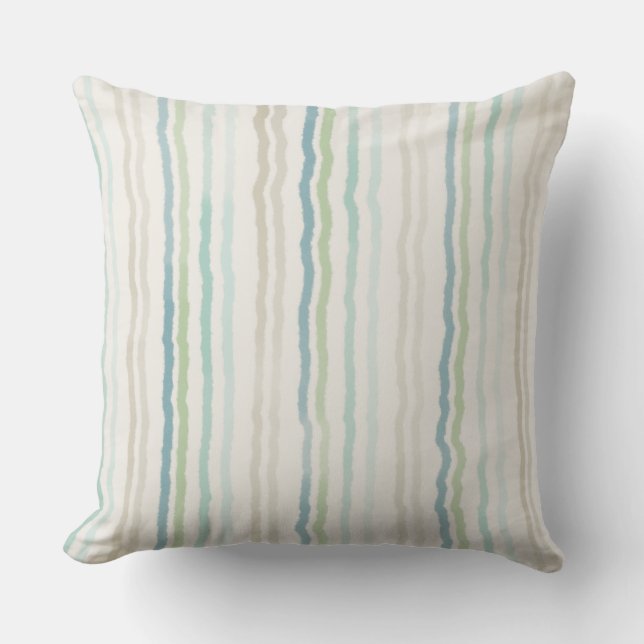 Blue Green Cream Watercolor Thin Striped Cushion (Front)